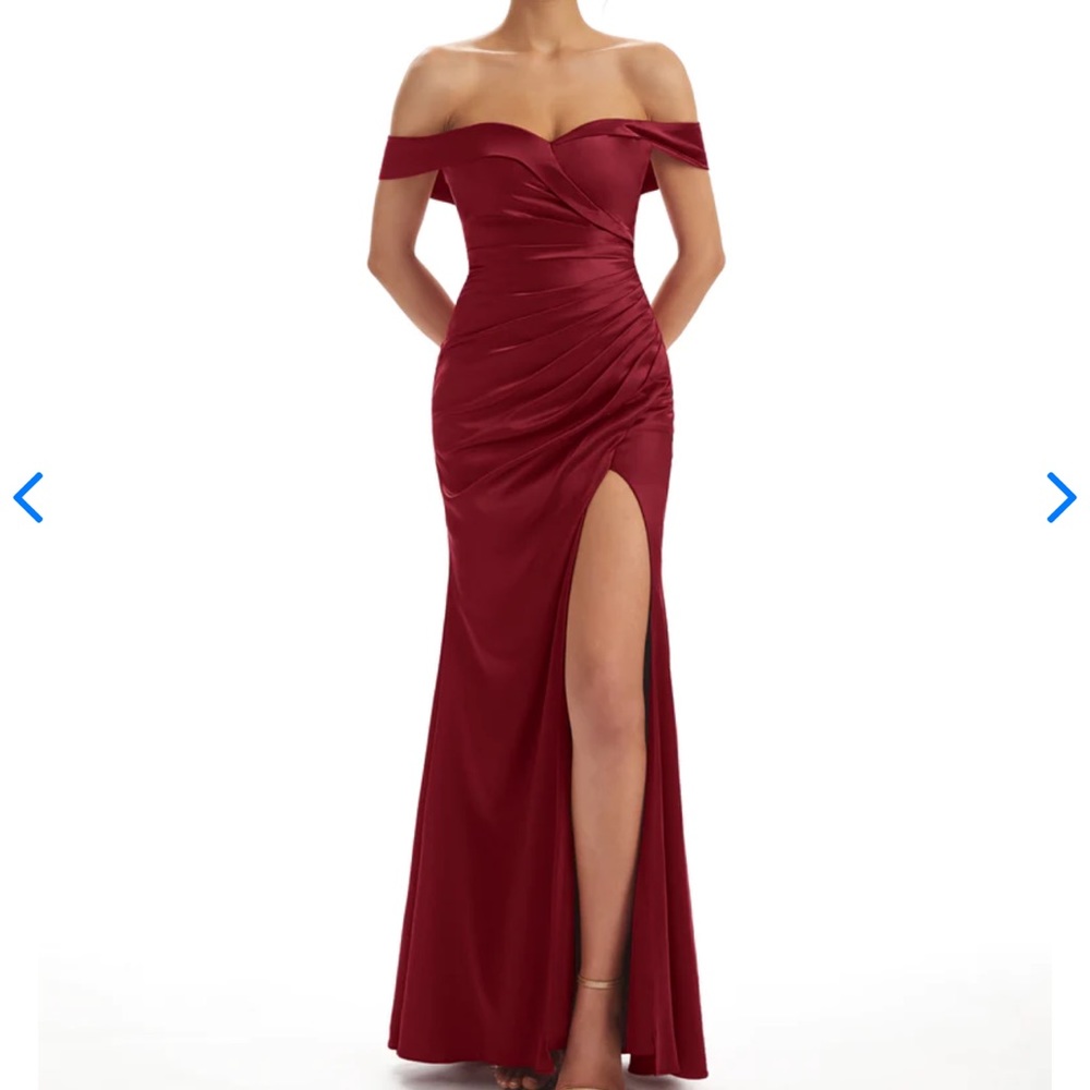 Satin silk burgundy off the shoulder with a slit never worn Chicsew dress